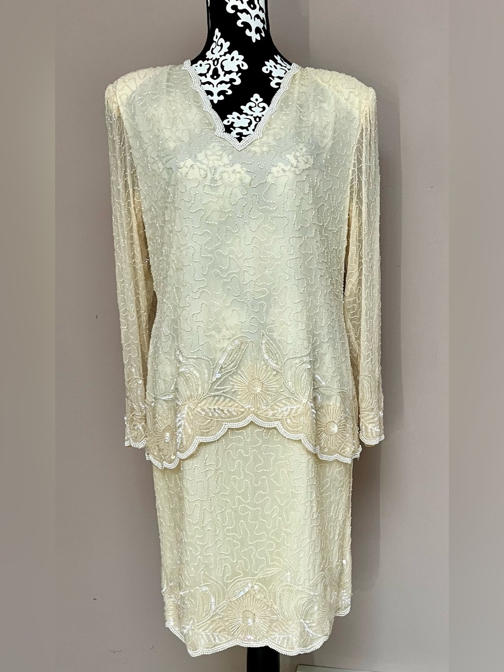 LAURENCE KAZAR NY Vintage Illusion Sheath Heavily Beaded Mock Jacket Cream Gown